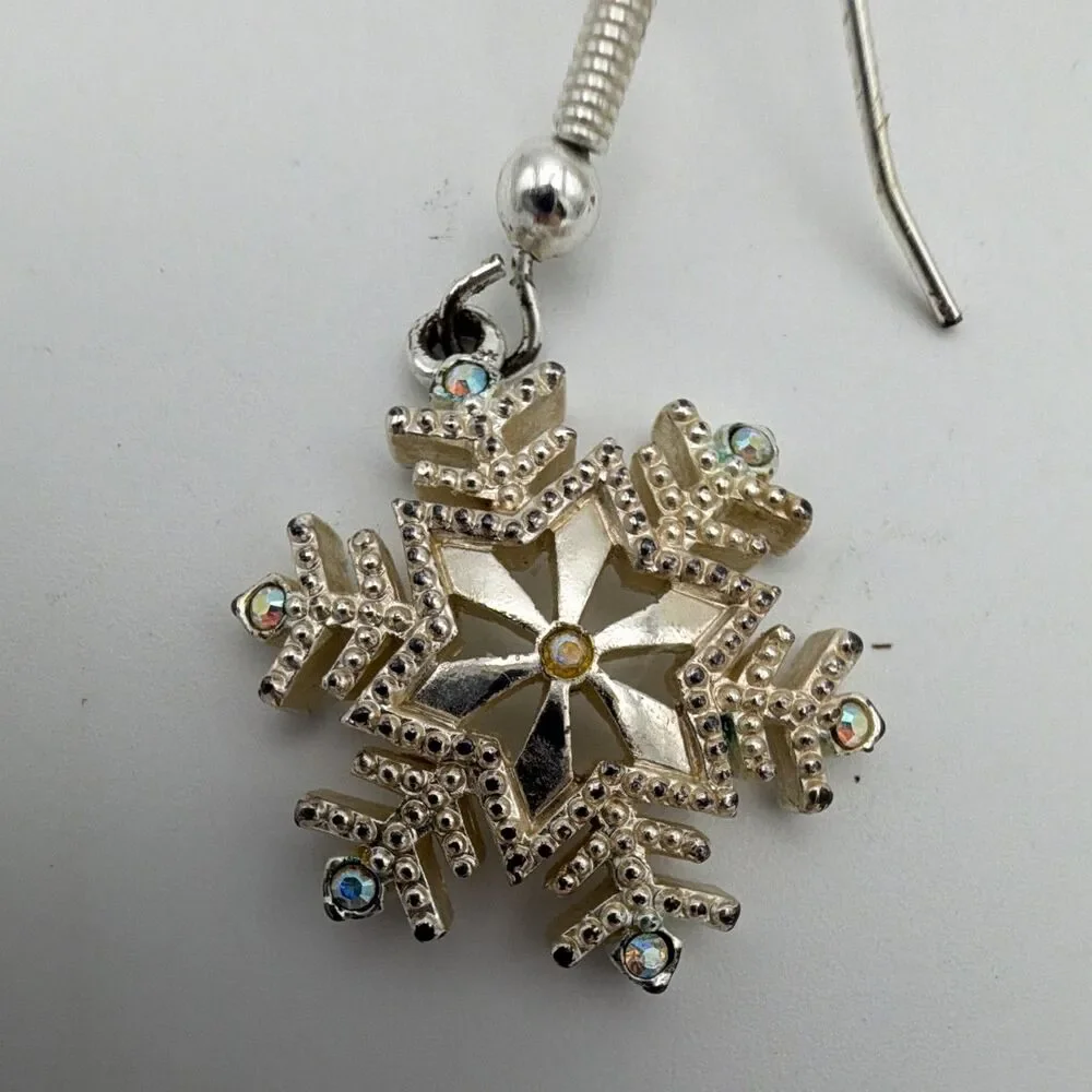 Silver Tone Snowflake Crystal Dangle Drop Earrings Hook Closure 1.5